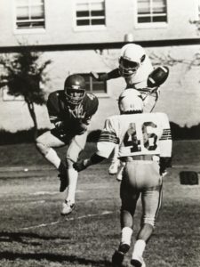 This was the questionable, (bad), interception call during the 1981 Semi-Final game against Austin College. Deep in our territory, I deflected the ball to Mike Newman who intercepted the ball and returned it to mid-field. The play was called back as pass interference was called and the picture proves that I made no contact with…